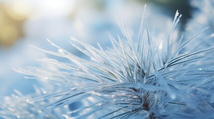 A macro shot of frost-covered pine needles glistening in the sunlight, showcasing the delicate beauty of winter's touch.
