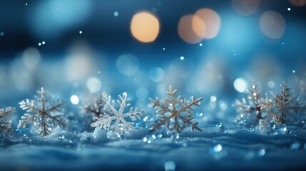 Fototapeta na wymiar Glittering snowflakes rest on a snowy surface, with a soft gradient blue background enhancing the sparkle and magic of a winter wonderland.
