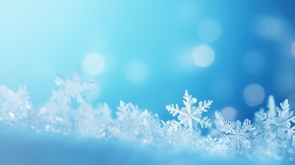 Glistening snowflakes settle on a snowy surface, their intricate patterns highlighted against a tranquil blue background, capturing the essence of a serene winter's day.