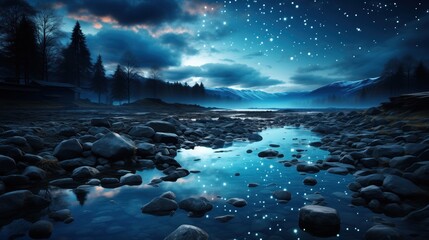 a reflective stream winding through a rocky terrain under a starry night sky, with the glow of twilight on the horizon, creating a mystical atmosphere.
