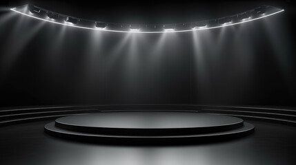 Spotlights on product podium in black dark empty room
