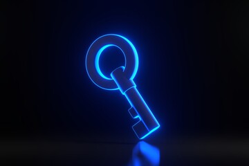 Chest key with bright glowing futuristic blue neon lights on black background. 3D render illustration