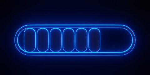 Minimal progress bar part symbol with bright glowing futuristic blue neon lights on black background. Loading concept. 3D render illustration