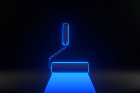 Paint Roller and color trail with bright glowing futuristic blue neon lights on black background. Home renovation or painting template with copy space. 3D render illustration