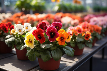 Vibrant, pesticide-free flowers thriving in a controlled greenhouse environment, supporting eco-friendly floriculture. Generative Ai.
