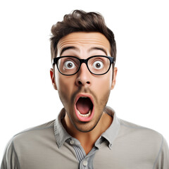 A surprised man face wearing glasses and t-shirt