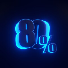 Eighty percent sign with bright glowing futuristic blue neon lights on black background. 80% discount on sale. 3D render illustration