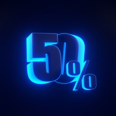 Fifty percent sign with bright glowing futuristic blue neon lights on black background. 50% discount on sale. 3D render illustration