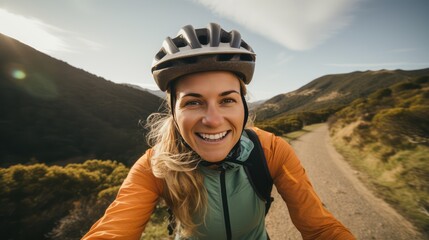 Naklejka premium A beautiful female cyclist taking a selfie while cycling with pine trees and hills in the background.