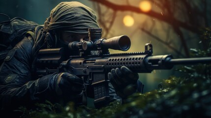 Sniper aiming and shooting from a hiding place, especially accurately and at long range, war concept - obrazy, fototapety, plakaty