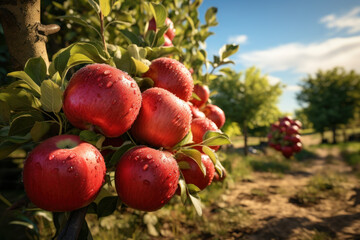 An orchard scene with apple trees laden with crisp apples, symbolizing the harvest season and the abundance of fresh, locally grown fruits. Generative Ai.