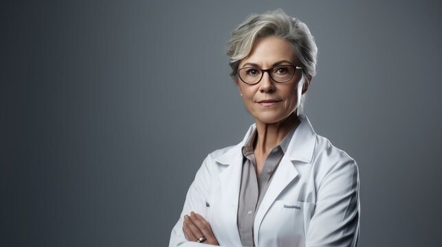 A Senior expert female doctor with arms crossed looking at camera, side view, half body photograph, black isolated background,