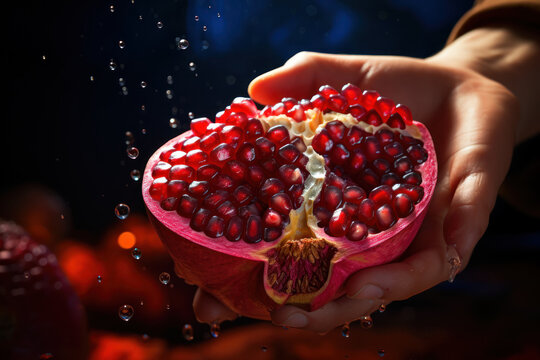 A pomegranate being opened to reveal its jewel-like seeds, emphasizing the rich color and nutritional benefits of this superfruit. Concept of antioxidant-rich foods. Generative Ai.