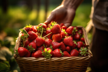 A farmer inspecting a basket of freshly harvested strawberries, highlighting the dedication to quality and freshness in agriculture. Generative Ai.