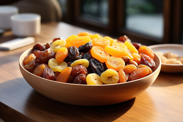 A bowl of mixed dried fruits, including apricots, figs, and raisins, offering a convenient and nutritious snack option. Concept of on-the-go healthy eating. Generative Ai.