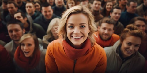Fototapeta premium Aerial View of Smiling Blonde Woman Amongst a Crowd. Generative ai