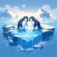 Two penguins in love surrounded by heart-shaped icebergs. Valentine's Day card - obrazy, fototapety, plakaty