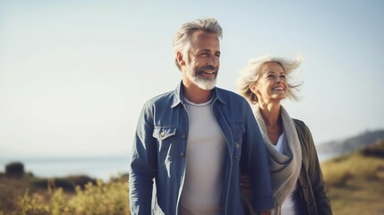 Senior Couple Enjoying Sunny Outdoor Walk. Generative ai