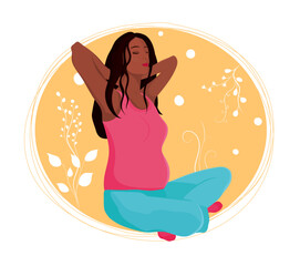 Colorful vector illustrated pregnant woman in sitting pose on a white background with orange circles and ornament shapes