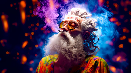 Man with long white hair and beard wearing glasses and beard.