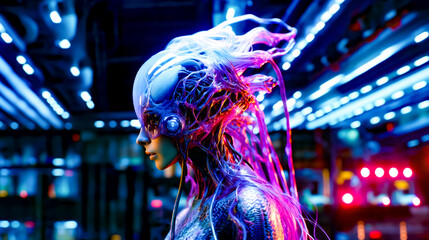 Futuristic woman with headphones and neon dress in dark room.