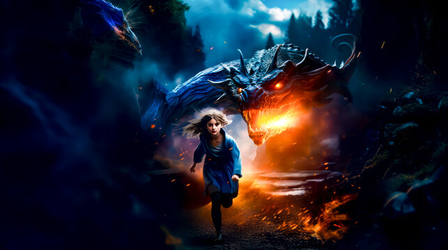Young girl running in front of fire breathing dragon in movie poster.