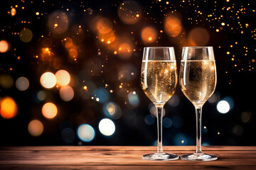 Glasses of champagne against the backdrop of fireworks and New Year's lights. Generative AI