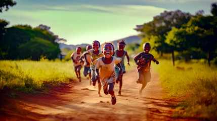 Obraz na płótnie Canvas Group of children running down dirt road in field of grass.