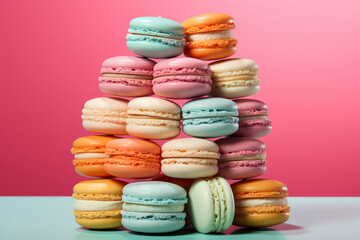 Fototapeta na wymiar Colorful macarons arranged in a gradient pattern, showcasing the delicate and precise nature of this French confectionery. Generative Ai.
