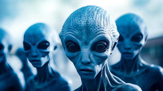 Group of alien men standing next to each other in front of building.