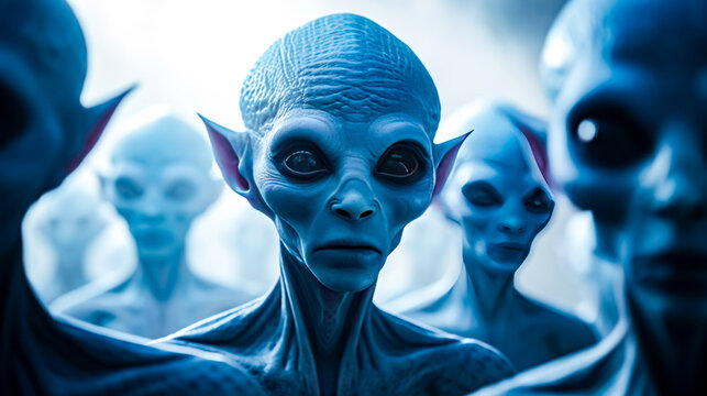 Group of alien men standing next to each other in front of sky background.