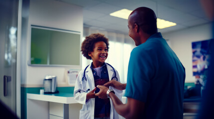 Young boy in doctor's coat smiles as he talks to doctor.