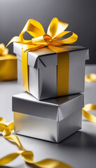 yellow gift box on a plain silver background