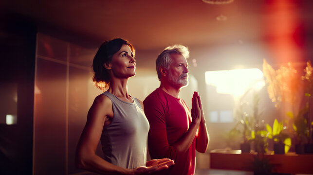 Man and woman standing in room with their hands in the air.