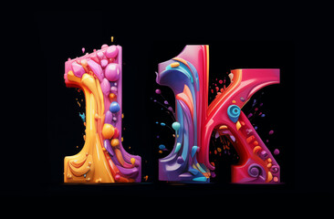 Vibrant 3D cartoon celebration: 1k subscribers in a rainbow of hyper-realistic oil colors. Bold graphics, strong lines, and dots pop against a sleek black background. A lively, saturated masterpiece