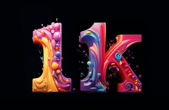 Vibrant 3D cartoon celebration: 1k subscribers in a rainbow of hyper-realistic oil colors. Bold graphics, strong lines, and dots pop against a sleek black background. A lively, saturated masterpiece