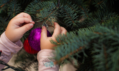 Little children's hands are trying to remove the New Year's toy from the Christmas tree. Close-up....