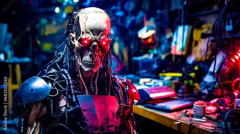 Poster creepy looking skeleton with red eyes sitting in front of computer desk.