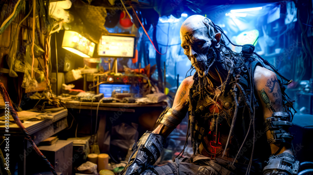 Poster man with dreadlocks sitting in front of desk in dark room.