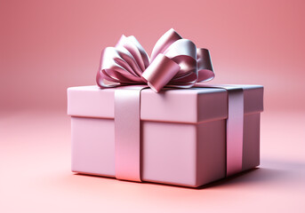Obraz premium Pink pastel color gift box with pink ribbon and bow isolated on pink pastel color background. AI generated