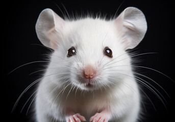 Realistic portrait of a white mouse on dark background. AI generated