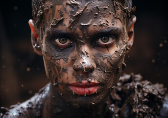 Man in casual clothes and face covered with mud. AI generated