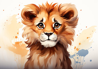 Funny invitation card with watercolor lion, for children's parties or other uses. AI generated