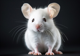 Realistic portrait of a white mouse on dark background. AI generated