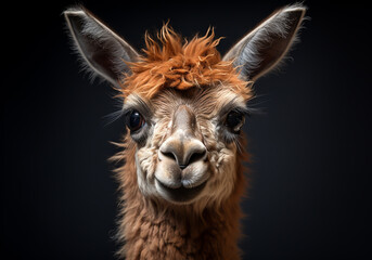 Realistic portrait of a llama on dark background. AI generated