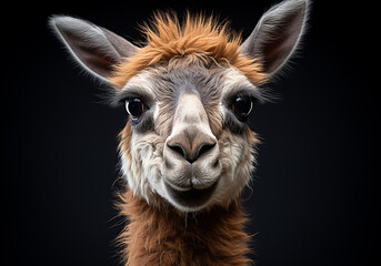 Obraz premium Realistic portrait of a llama on dark background. AI generated