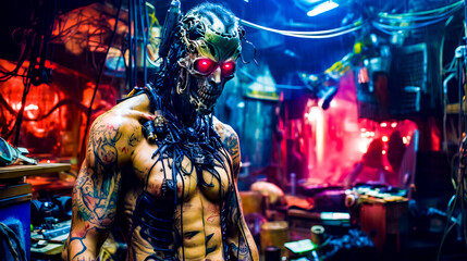Man with tattoos and red eyes in room full of junk and junk.