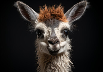 Fototapeta premium Realistic portrait of a llama on dark background. AI generated