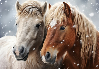 Typical Icelandic horse in winter landscape with falling snow. AI generated - obrazy, fototapety, plakaty