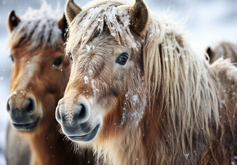Typical Icelandic horse in winter landscape with falling snow. AI generated